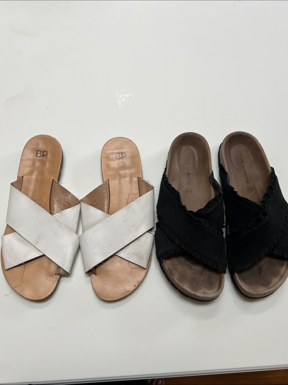 bp Women's White sandals and Black Crisscross Slide Mules